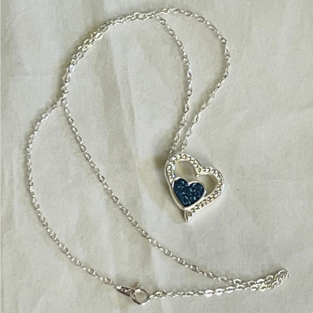 Sparkling Druzy Blue Heart Necklace Style Silver Tone 17" Chain Very Bright!